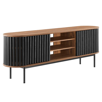 Fortitude 71in TV stand with warm wood top and black ribbed sides, open shelves by HouseOfZazla on Tampa Home & Garden Store
