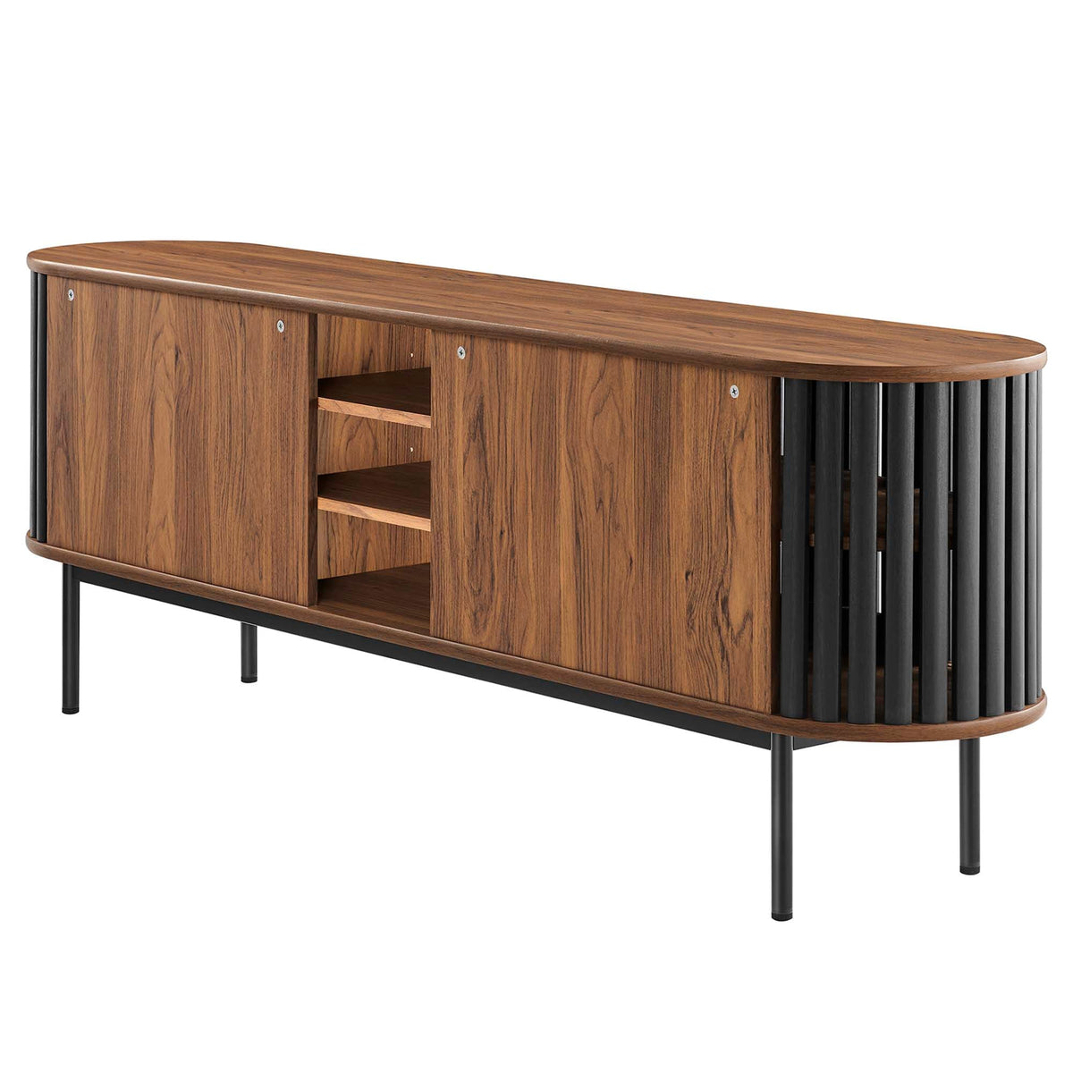 Fortitude 71in TV stand by Modway in warm wood veneer with curved top and black metal ends on Tampa Home & Garden Store