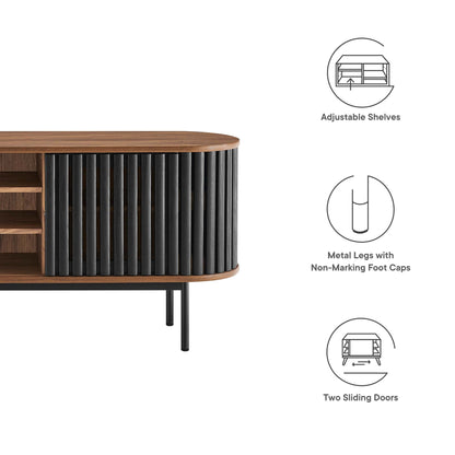 Fortitude 71-inch TV Stand, wood top with black slatted front and metal legs on Tampa Home & Garden Store