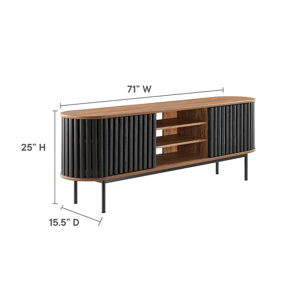 Fortitude 71-inch TV stand with wood top, black slats, and open shelves on Tampa Home & Garden Store