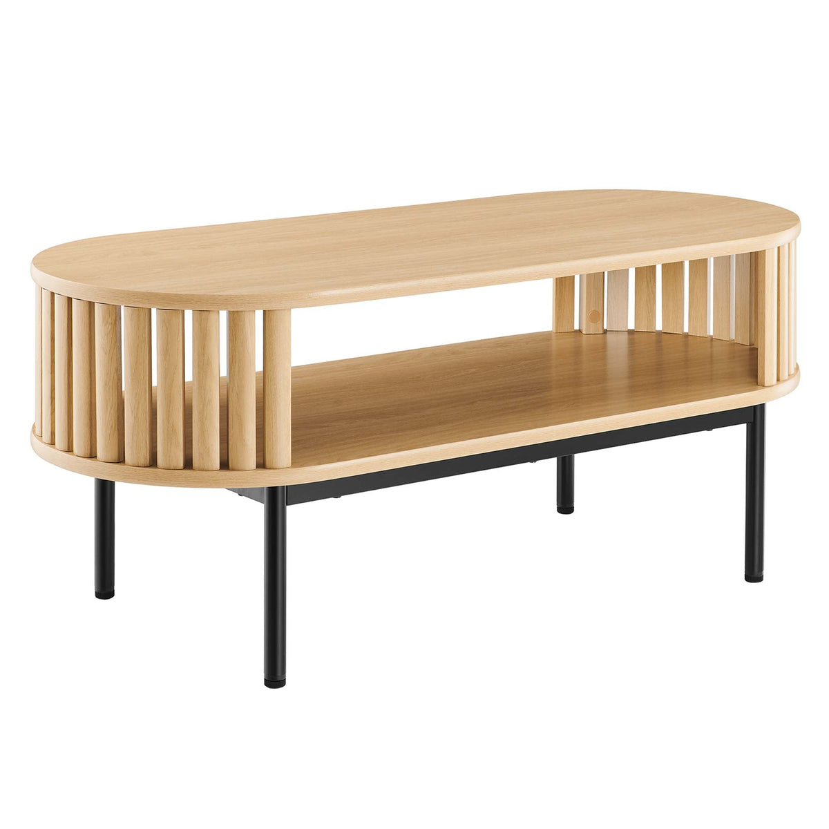Fortitude Wood Coffee Table oval natural oak top with vertical slat sides and black metal legs on Tampa Home & Garden Store