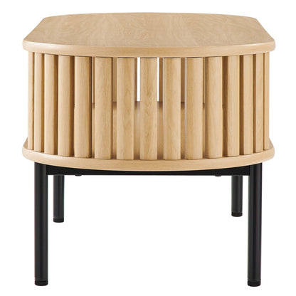 Fortitude Wood Coffee Table natural oak with rounded top and vertical slats on black metal legs on Tampa Home & Garden Store