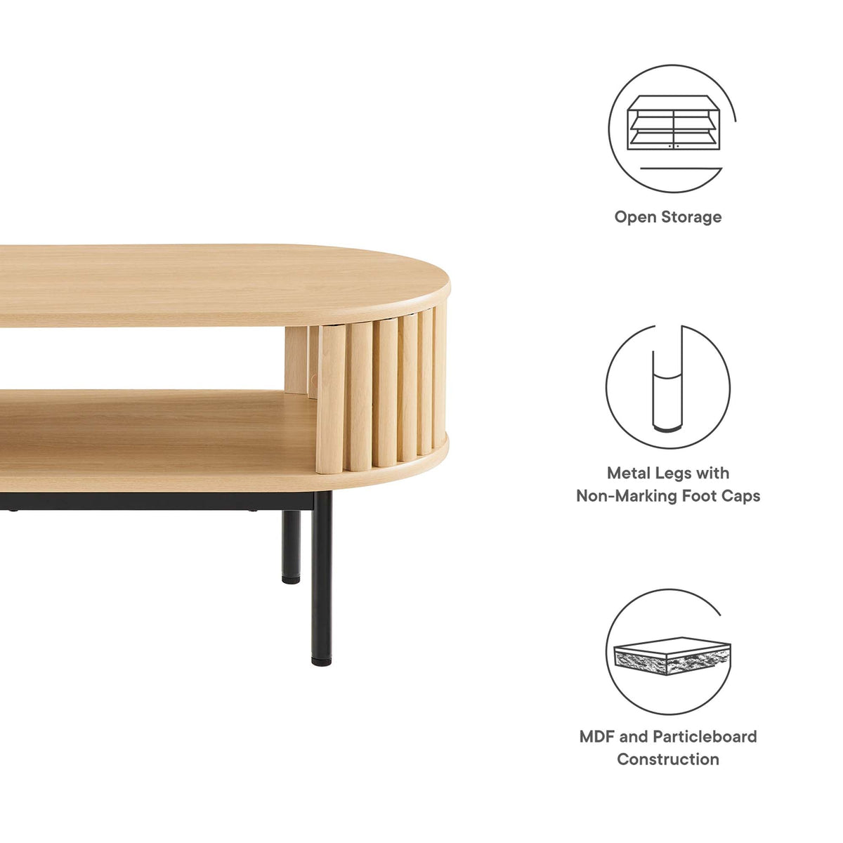 Fortitude Wood Coffee Table by Modway, round oak-toned top with vertical slat surround and black metal legs on Tampa Home & Garden Store