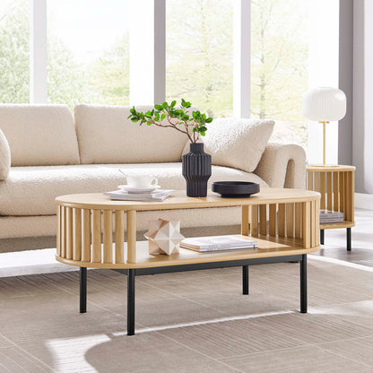 Fortitude Wood Coffee Table with slatted rounded-oval frame in natural finish, living room on Tampa Home & Garden Store