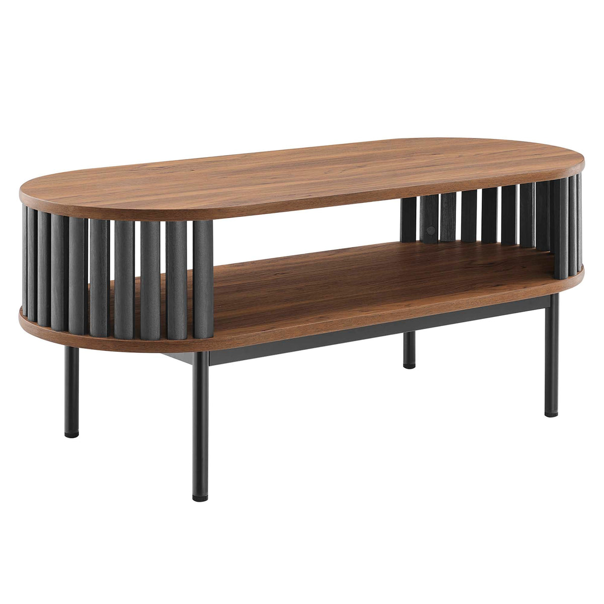 Fortitude Wood Coffee Table by Modway, oval walnut top with black slat frame two-tier shelf on Tampa Home & Garden Store