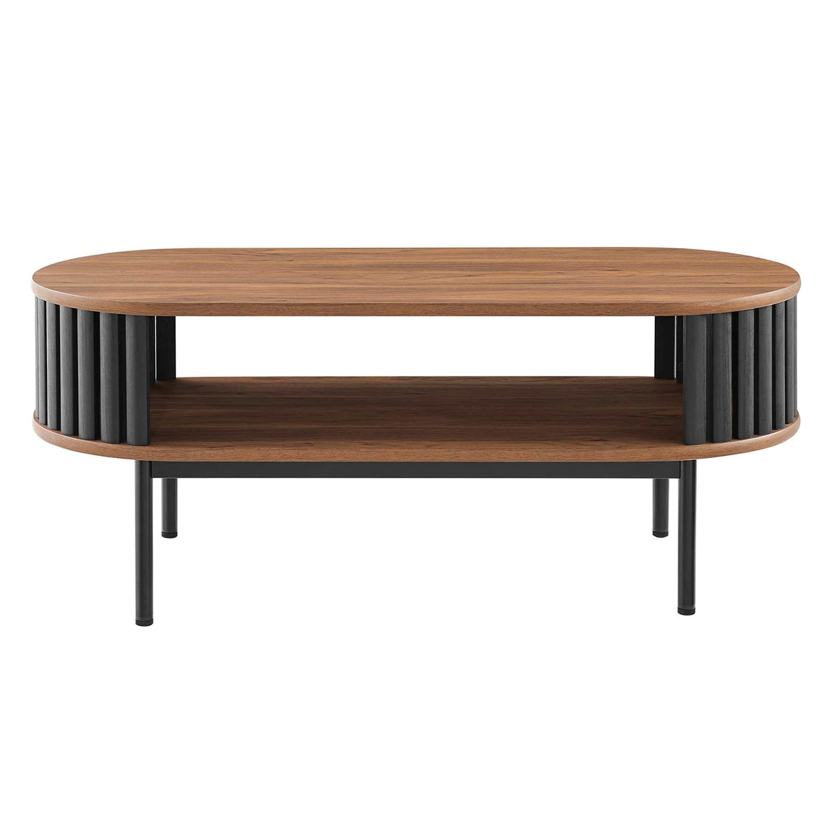 Fortitude Wood Coffee Table with oval walnut top and black metal slat frame on Tampa Home & Garden Store