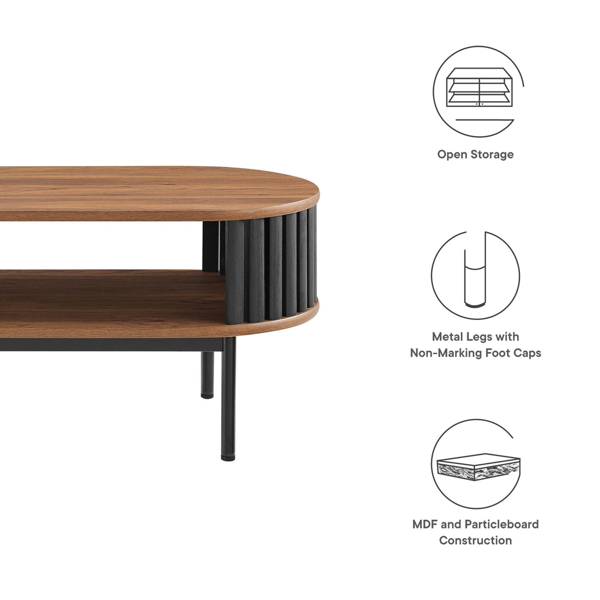 Fortitude Wood Coffee Table by Modway with warm oak veneer top and black ribbed metal legs on Tampa Home & Garden Store