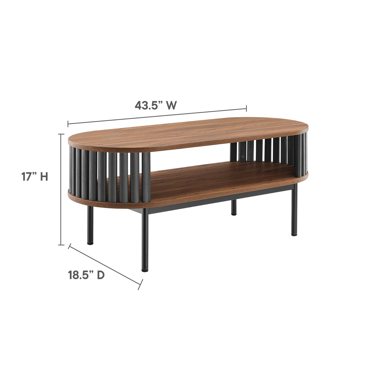 Modway Fortitude Wood Coffee Table with warm wood top and black slat frame, lower shelf 43.5W x 18.5D x 17H on Tampa Home & Garden Store