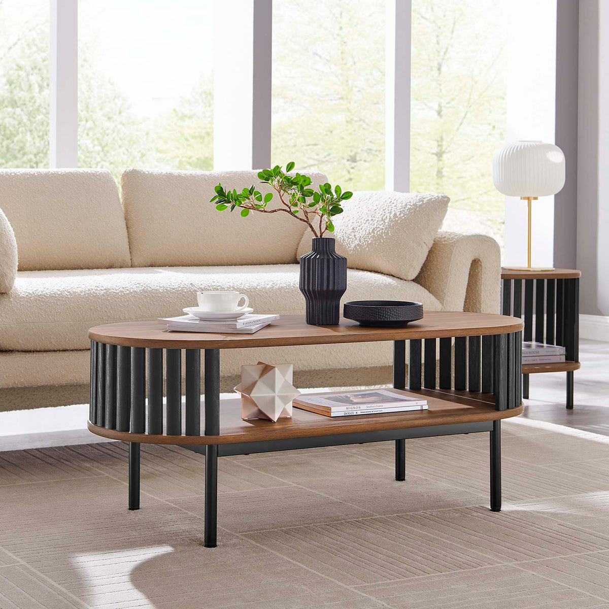 Fortitude Wood Coffee Table by Modway, round natural oak top with black ribbed metal base on Tampa Home & Garden Store
