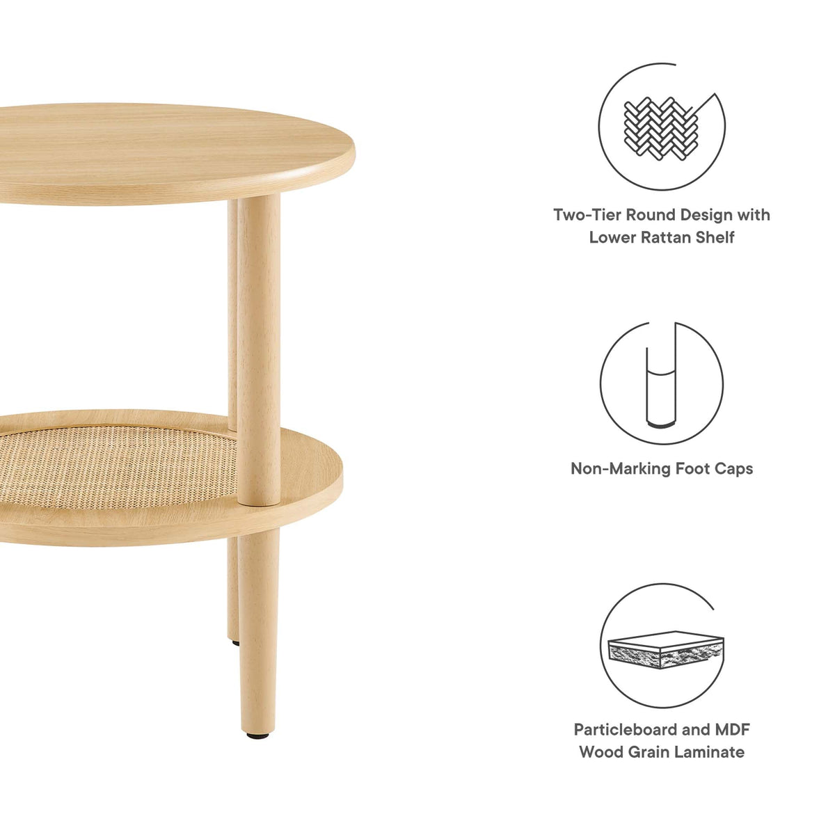 Torus Round Side Table natural wood finish with two-tier design and lower rattan shelf by Modway on Tampa Home & Garden Store