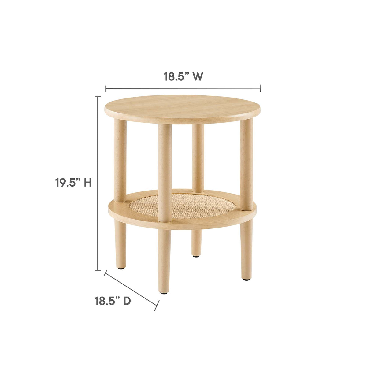 Torus Round Side Table in natural wood with woven lower shelf and cylindrical legs on Tampa Home & Garden Store