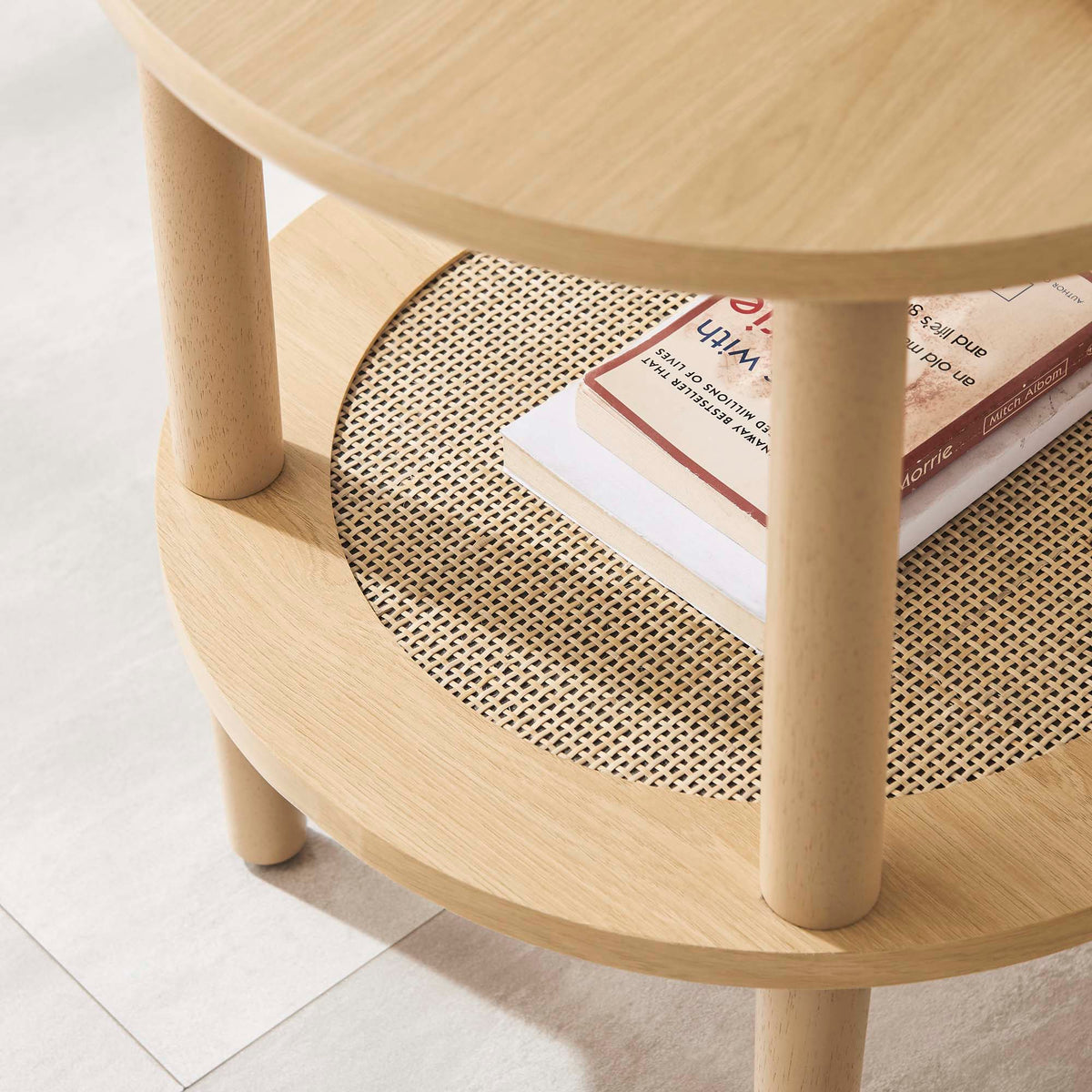 Torus Round Side Table natural wood with woven caned shelf by HouseOfZazla on Tampa Home & Garden Store