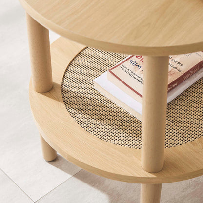 Torus Round Side Table natural wood with woven caned shelf by HouseOfZazla on Tampa Home & Garden Store