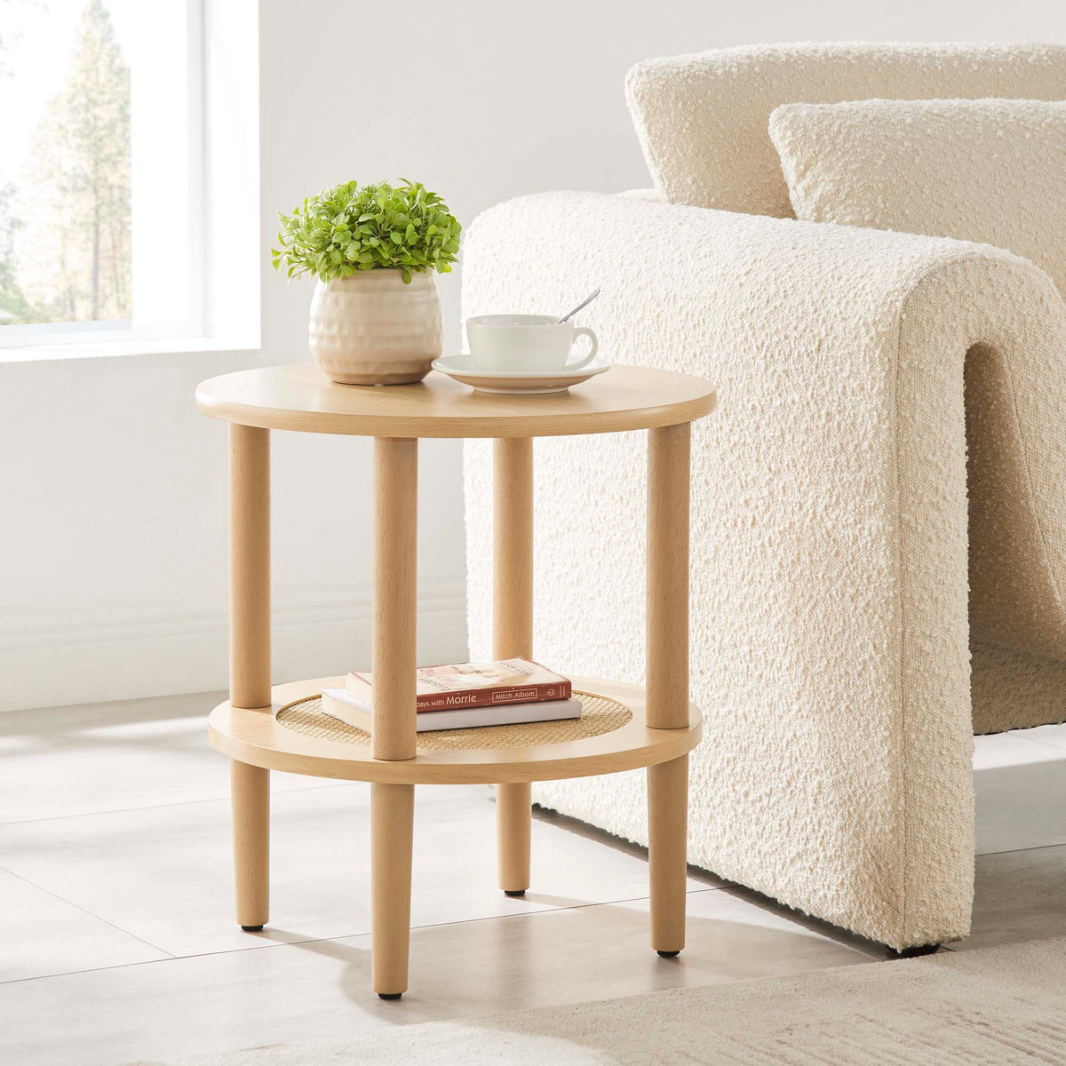Torus Round Side Table natural wood with lower shelf, plant and cup on top HouseOfZazla on Tampa Home & Garden Store