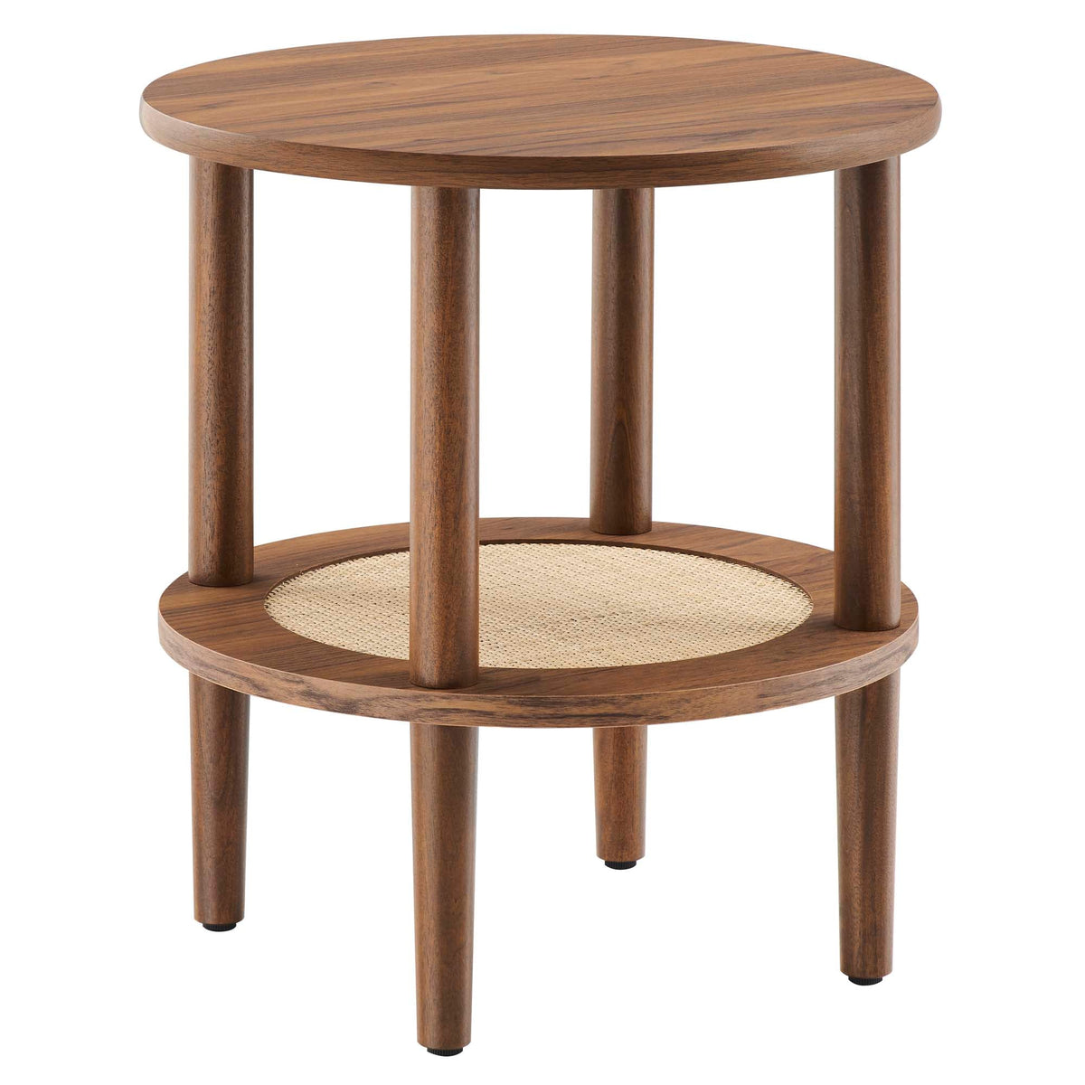 Torus Round Side Table in walnut wood finish with cylindrical legs and woven cane lower shelf on Tampa Home & Garden Store
