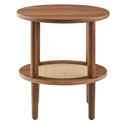 Torus Round Side Table by Modway, brown wood finish with cane shelf and cylindrical legs on Tampa Home & Garden Store