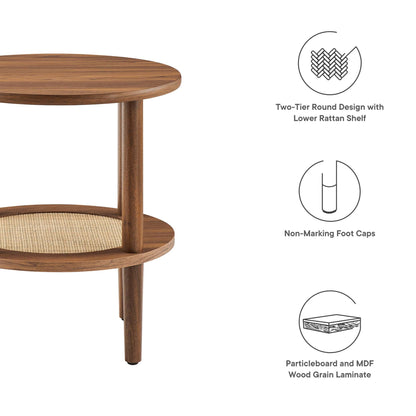 Torus Round Side Table with natural wood finish and woven lower rattan shelf, two-tier design on wooden legs on Tampa Home & Garden Store