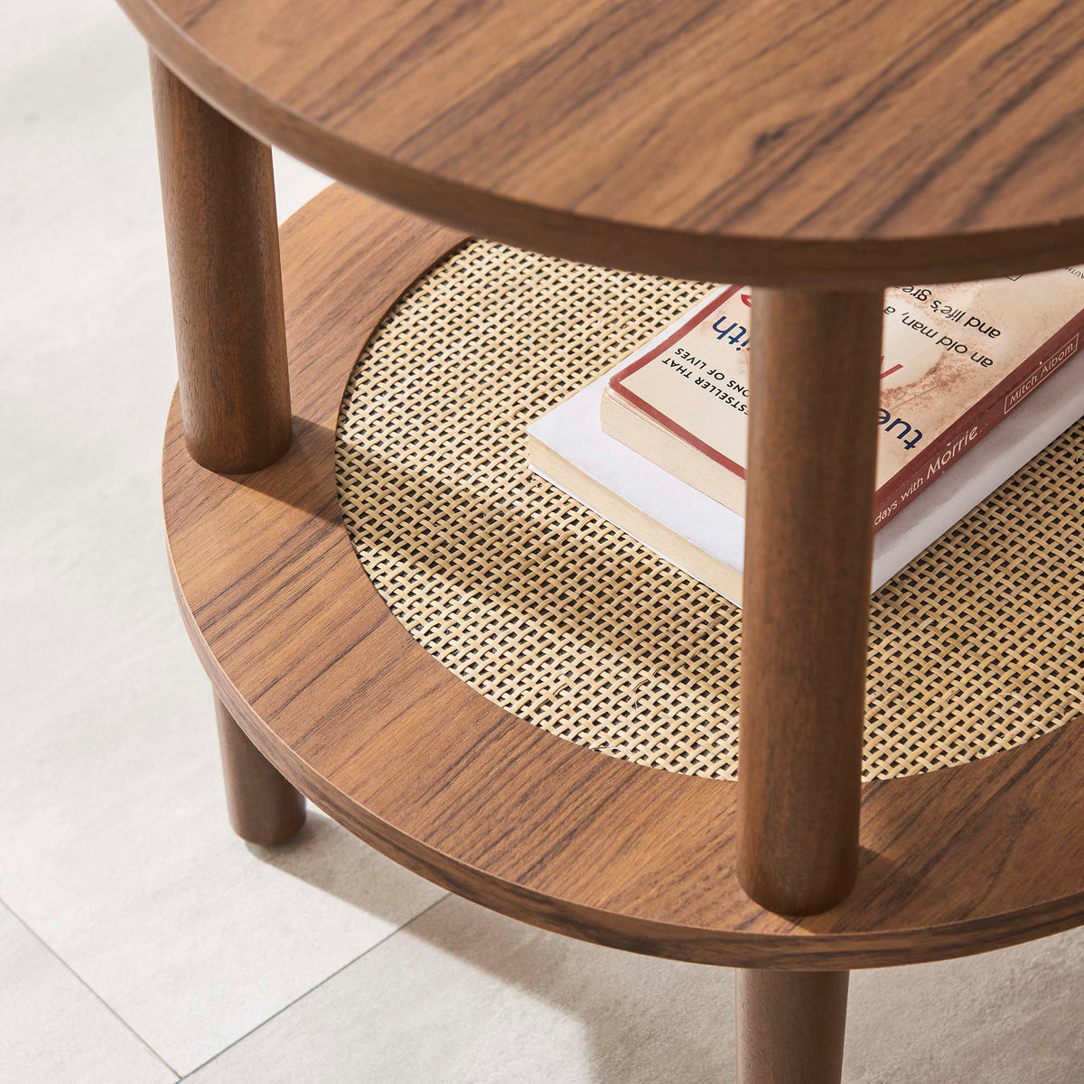 Torus Round Side Table by Modway, warm wood with cane shelf, living room furniture on Tampa Home & Garden Store