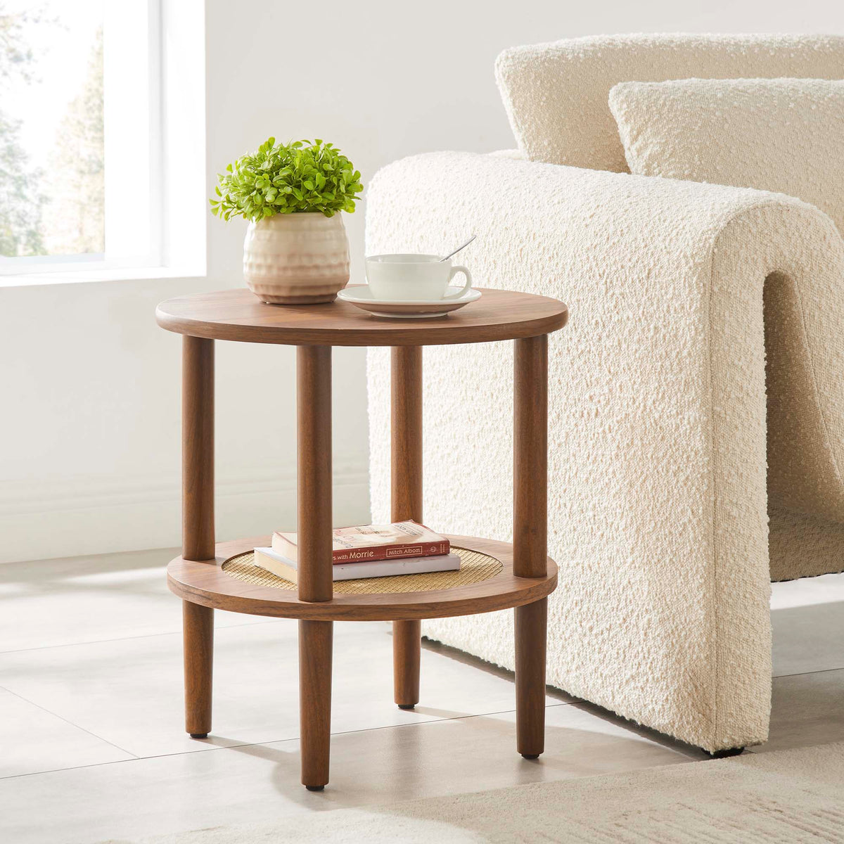 Torus Round Side Table by Modway, two-tier wooden table with plant and teacup on Tampa Home & Garden Store