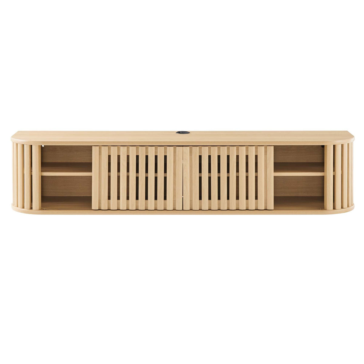 Fortitude 63-inch wall-mounted TV stand in natural light wood with vertical slats and open shelves on Tampa Home & Garden Store