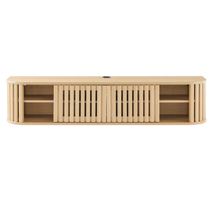 Fortitude 63-inch wall-mounted TV stand in natural light wood with vertical slats and open shelves on Tampa Home & Garden Store