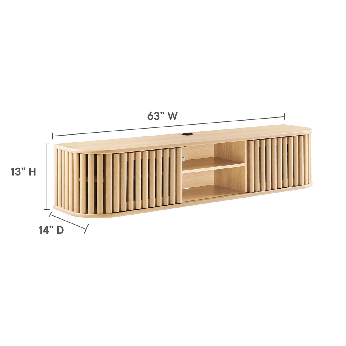 Fortitude 63in wall-mounted TV stand in natural wood with slatted sides by Modway on Tampa Home & Garden Store