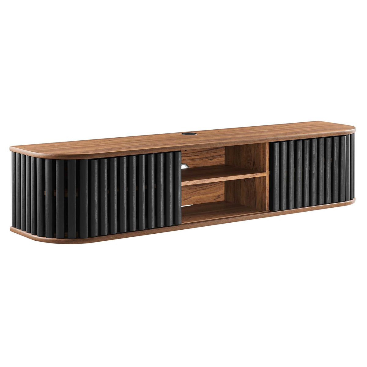 Fortitude 63in wall-mounted TV stand in walnut with vertical black slats and open shelf on Tampa Home & Garden Store