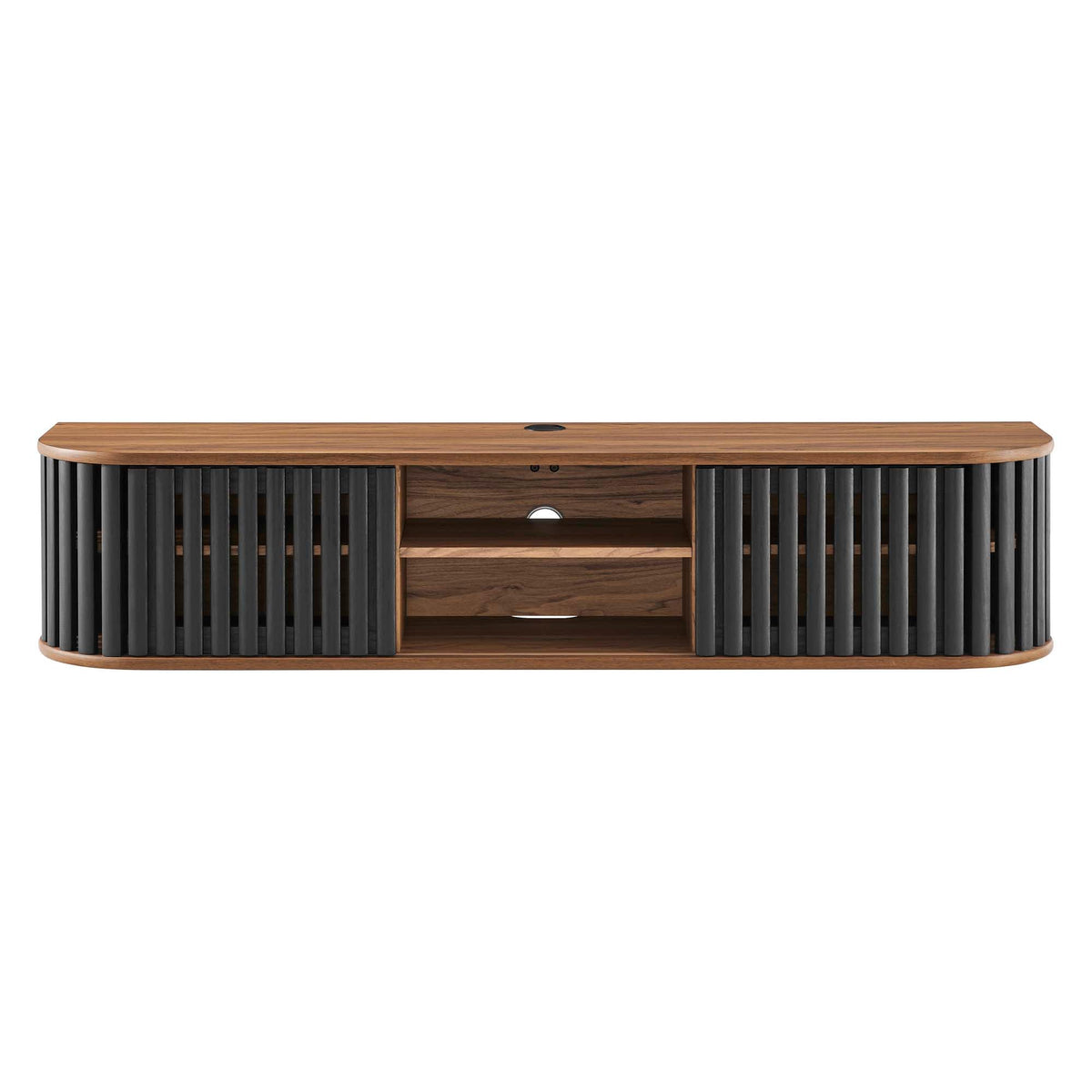 Fortitude 63-inch wall-mounted TV stand with wood top and black slat sides on Tampa Home & Garden Store