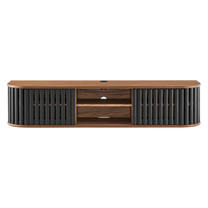 Fortitude 63-inch wall-mounted TV stand with wood top and black slat sides on Tampa Home & Garden Store