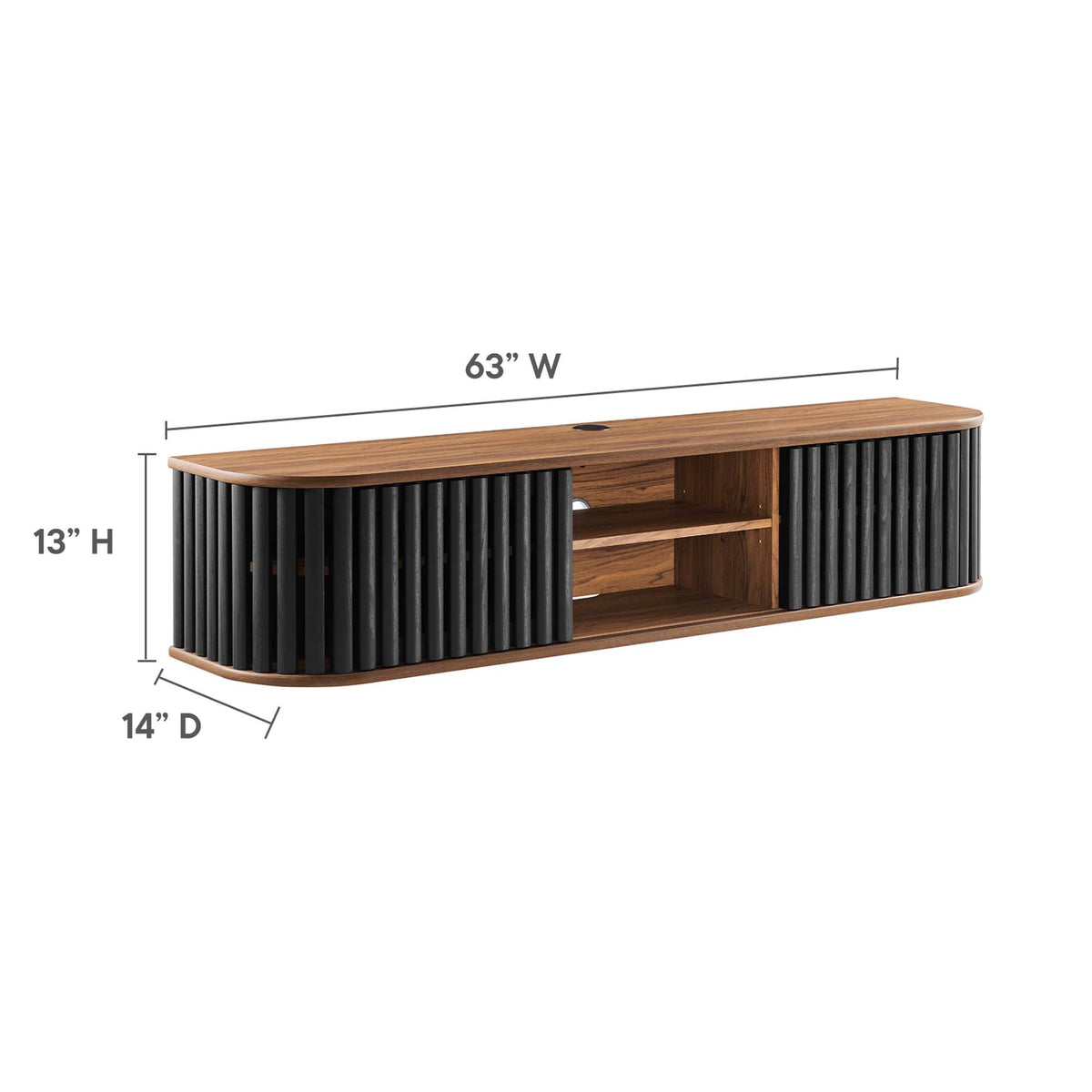 Fortitude 63in wall-mounted TV stand in walnut with black vertical slat accents and open storage on Tampa Home & Garden Store