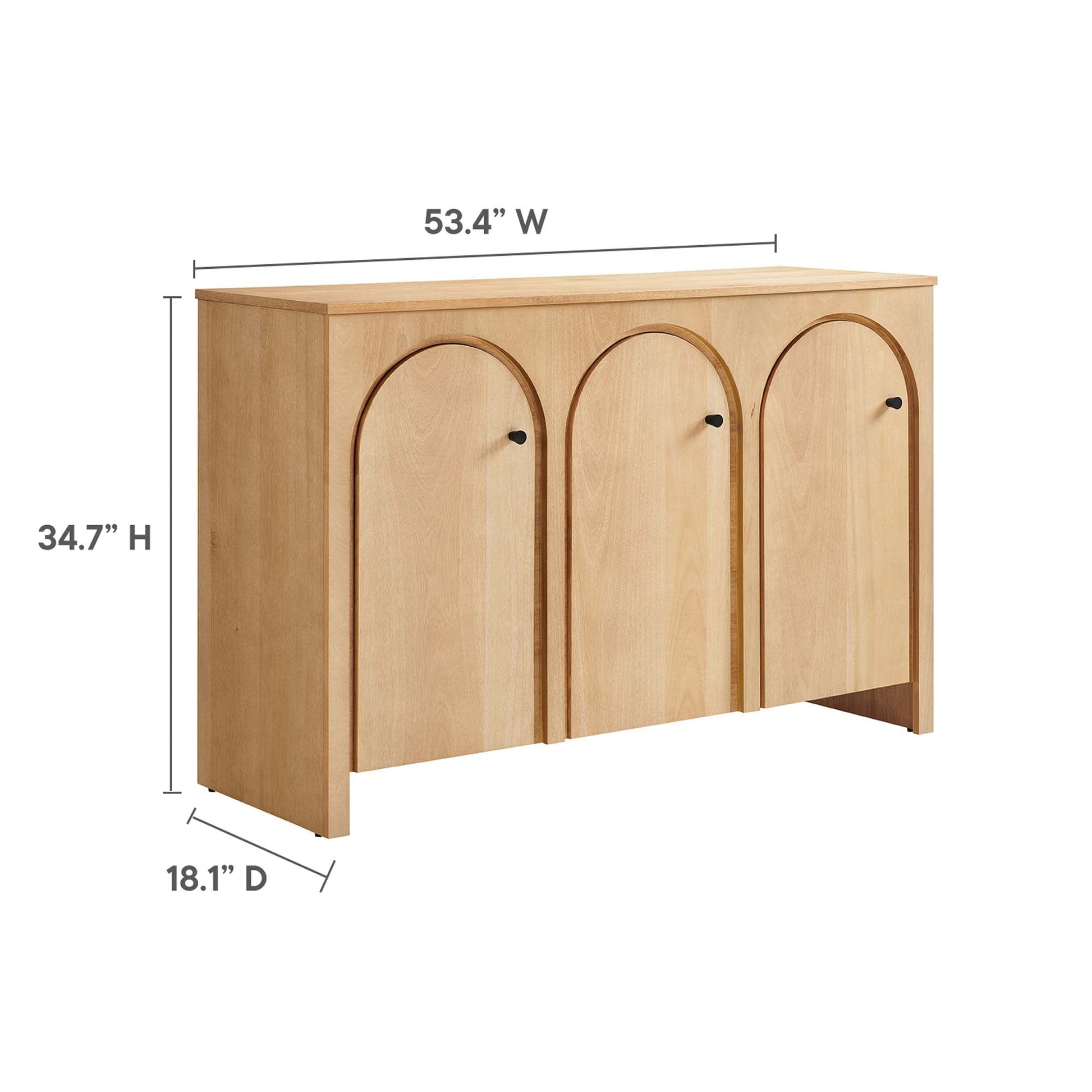 Appia 3-Door Arched Sideboard Storage Cabinet in natural oak with black knobs on Tampa Home & Garden Store