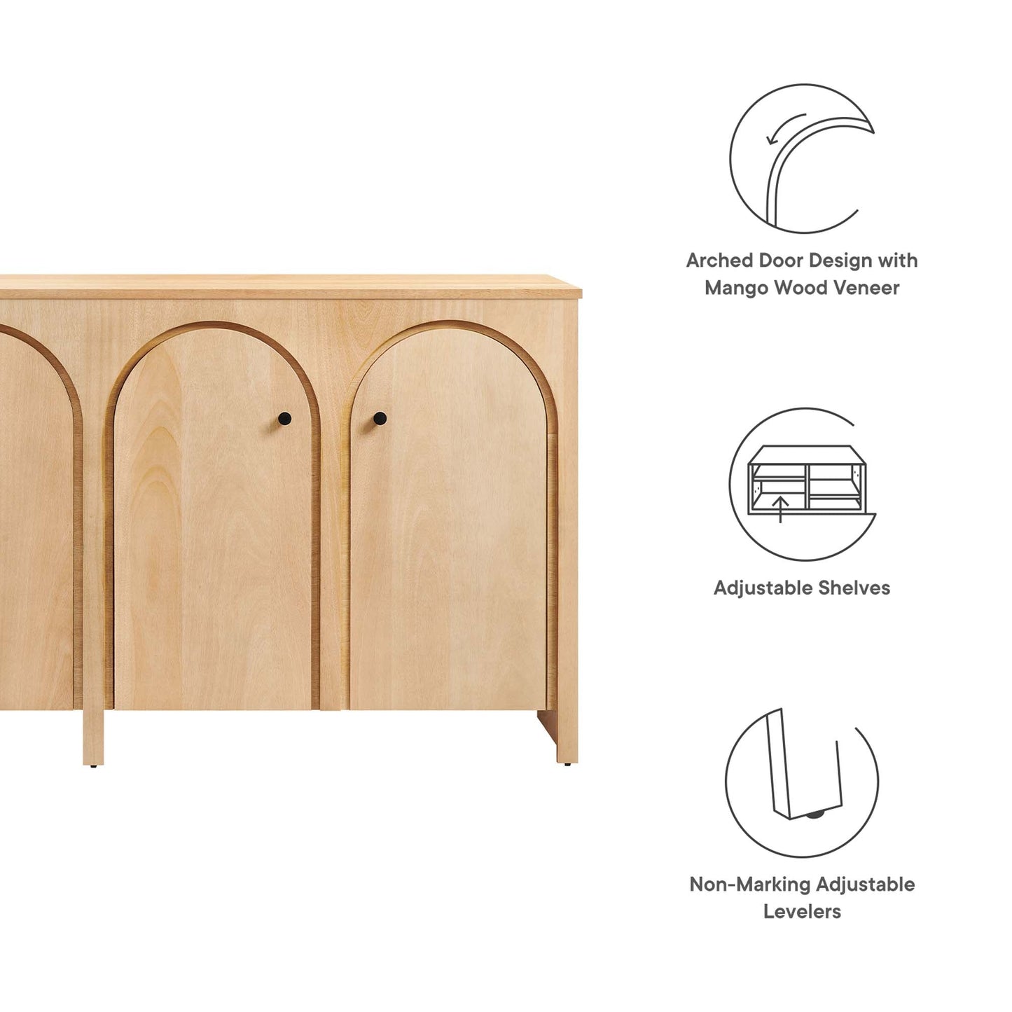 Appia Wood Grain 4-Door Sideboard Storage Cabinet with arched mango wood veneer doors on Tampa Home & Garden Store