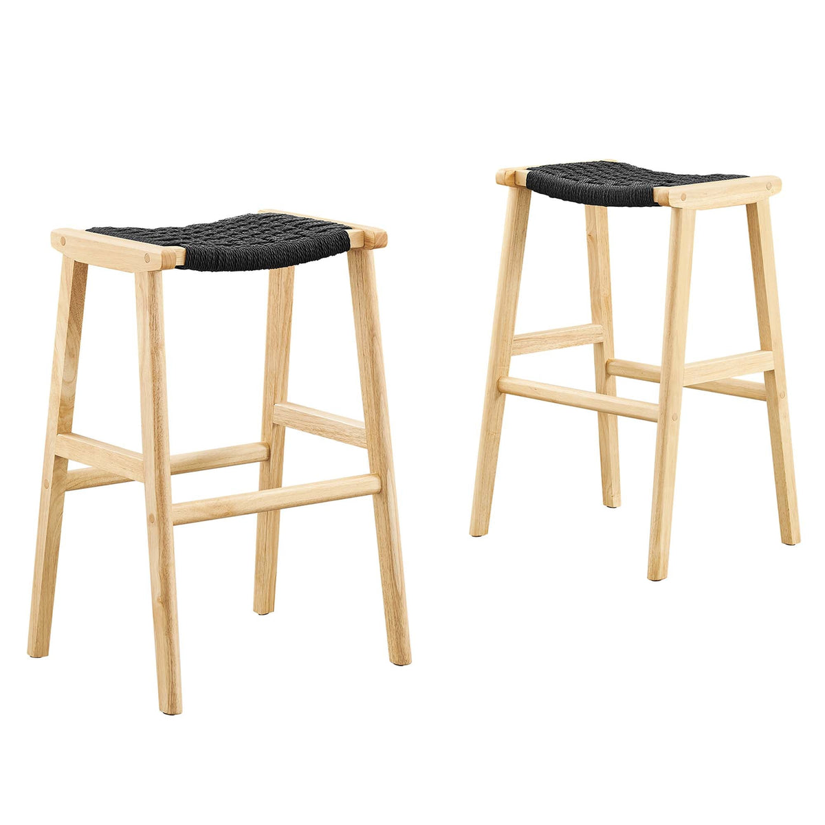 Saoirse Woven Rope Wood Bar Stool Set of 2 with natural wood frames and black woven rope seats on Tampa Home & Garden Store