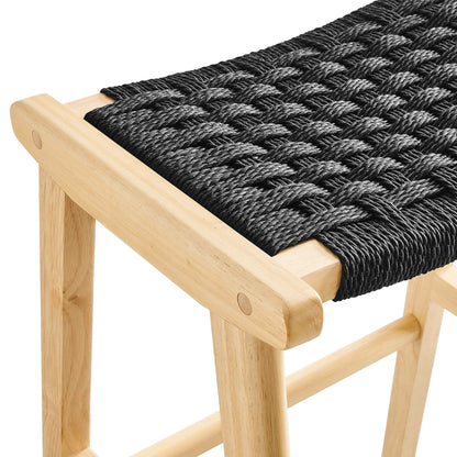 Saoirse Woven Rope Wood Bar Stool set of 2 with gray braided rope seat and natural wood frame on Tampa Home & Garden Store