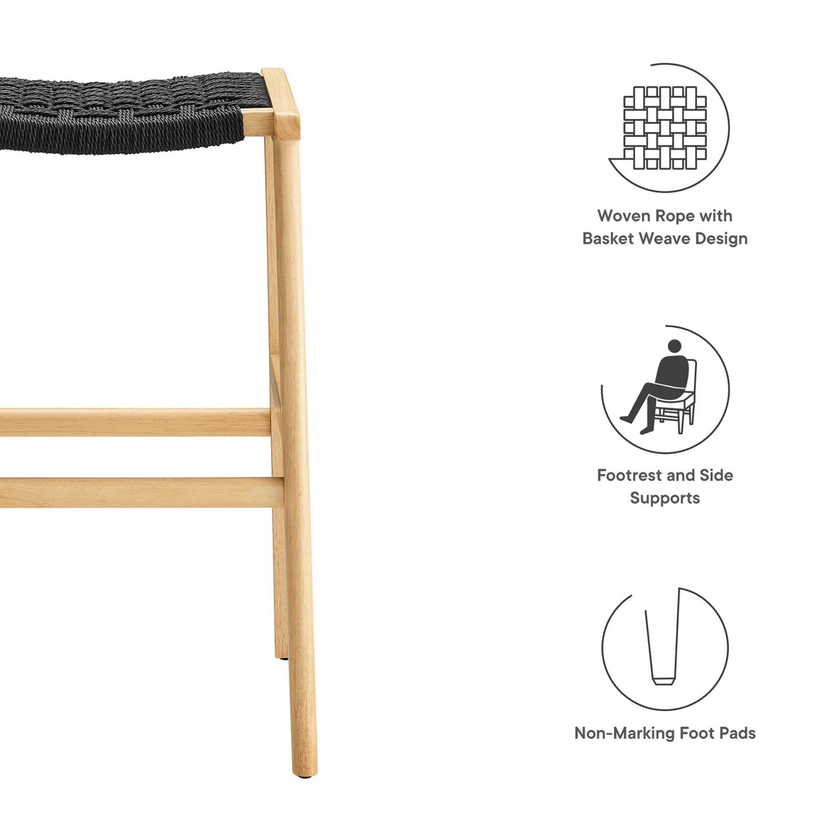 Saoirse Woven Rope Wood Bar Stool Set of 2 by Modway, black rope seat on natural wood legs on Tampa Home & Garden Store