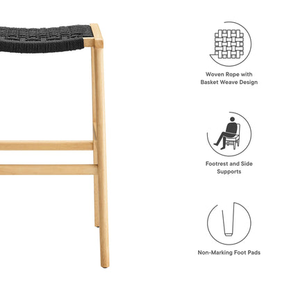 Saoirse Woven Rope Wood Bar Stool Set of 2 by Modway, black rope seat on natural wood legs on Tampa Home & Garden Store