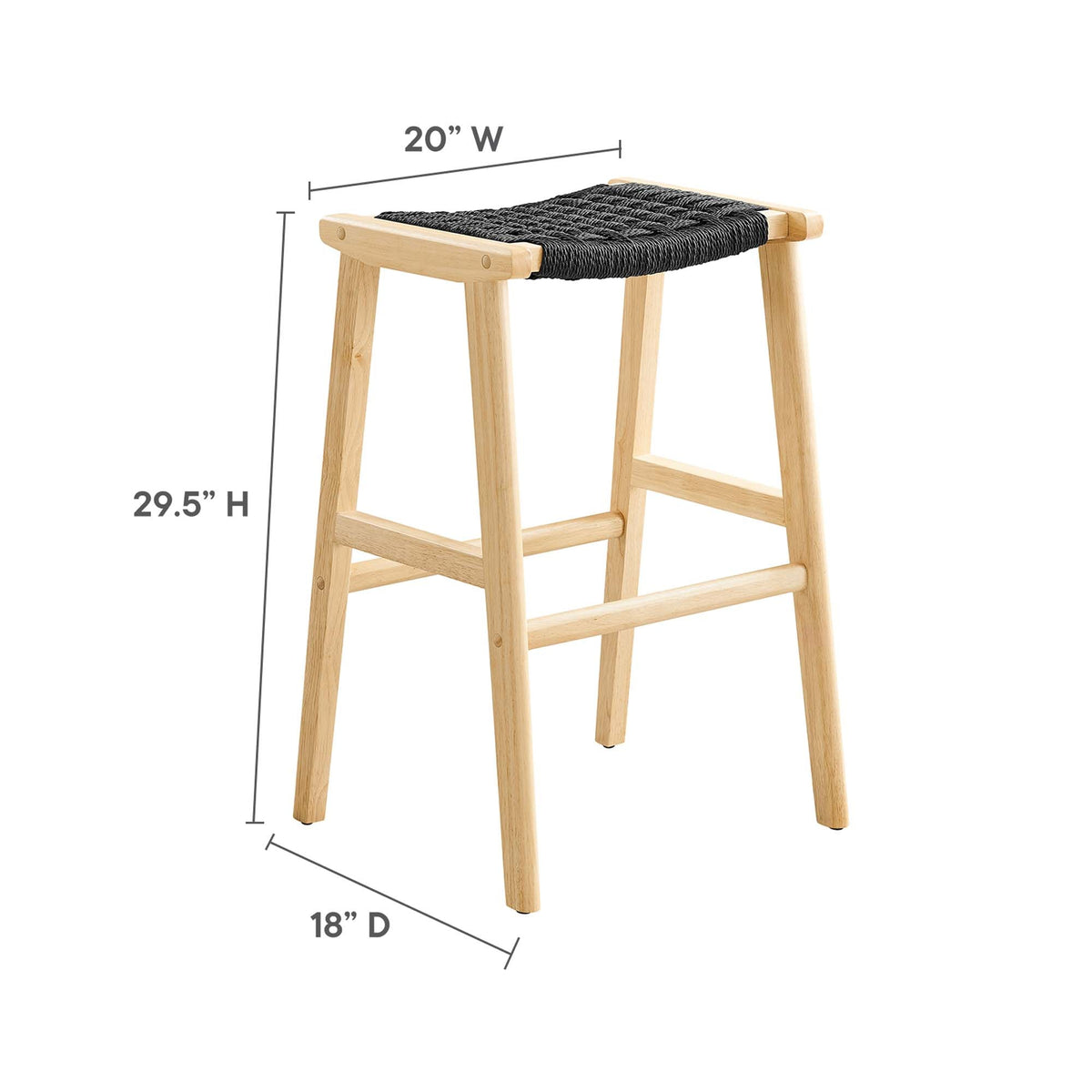 Saoirse Woven Rope Wood Bar Stool Set of 2, natural wood frame, black rope seat by Modway on Tampa Home & Garden Store