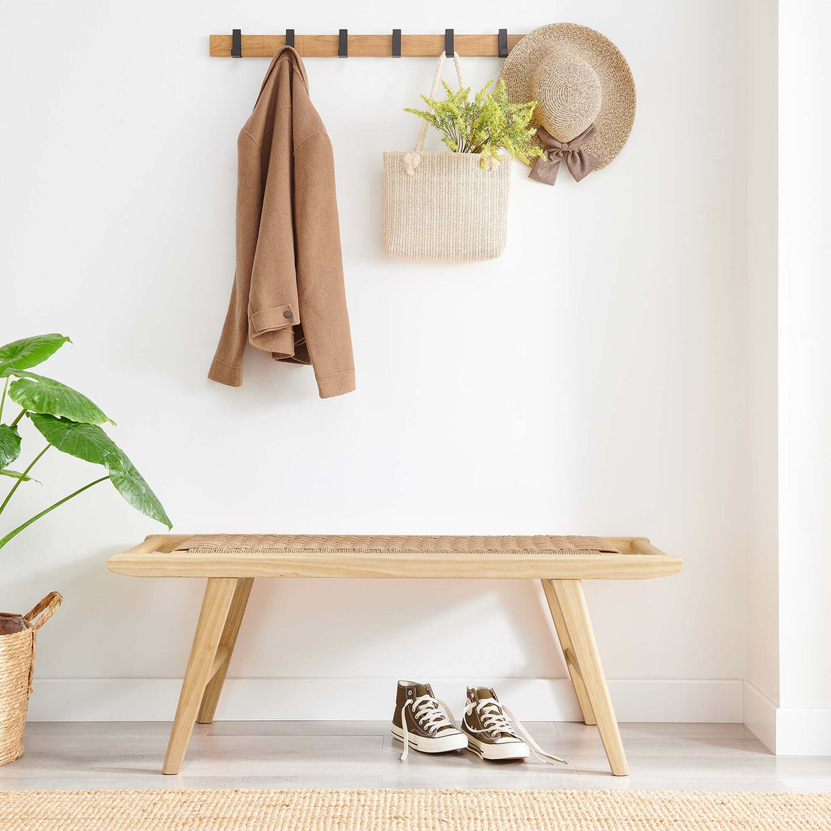 Saoirse 47in Wove Rope Wood Bench natural wood frame and woven rope seat on Tampa Home & Garden Store