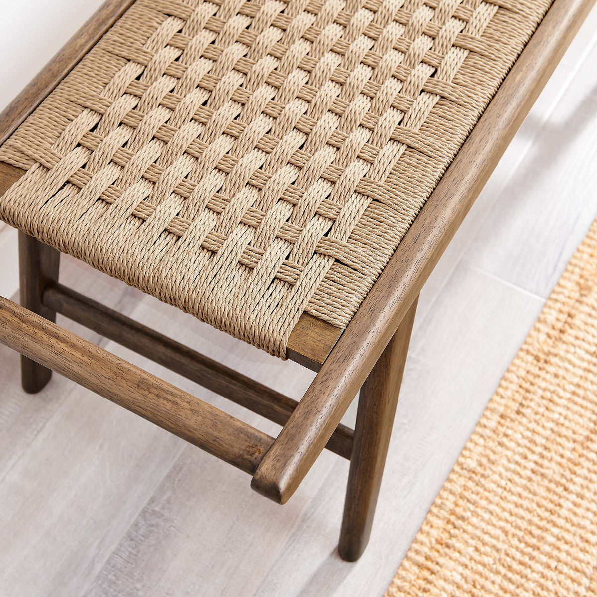 Saoirse 47in Wove Rope Wood Bench natural rope seat warm wood frame HouseOfZazla on Tampa Home & Garden Store
