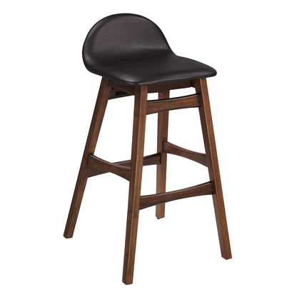 Juno Wood Bar Stool pair with black leatherette seat and brown wood legs curved back on Tampa Home & Garden Store