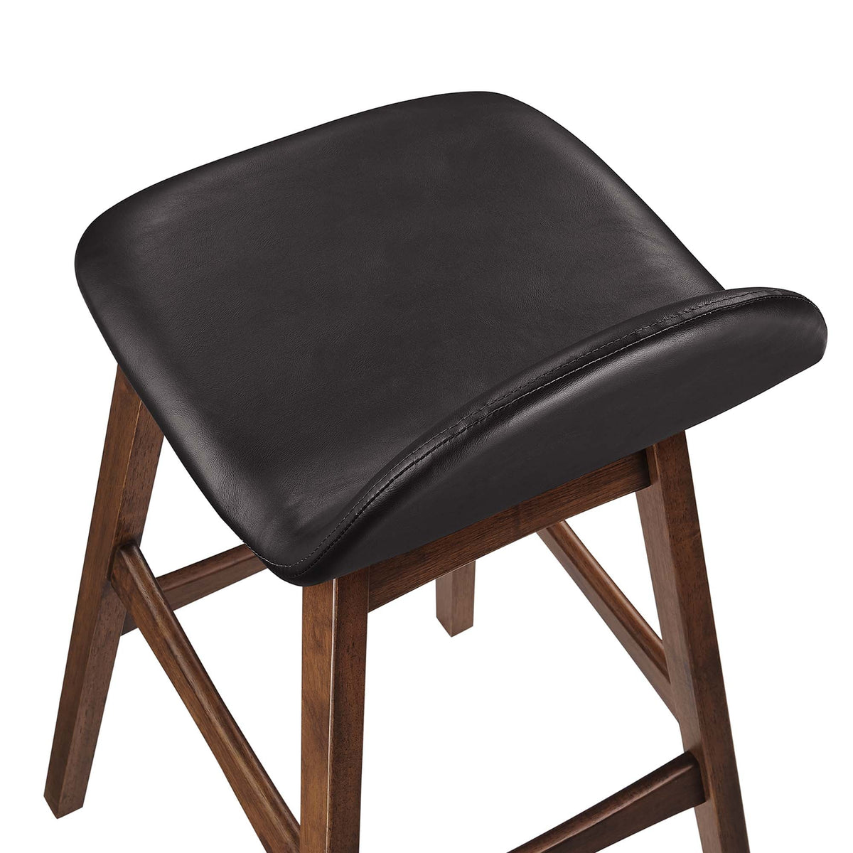 Juno Wood Bar Stool set of 2, black leather upholstered seats with brown wood legs on Tampa Home & Garden Store
