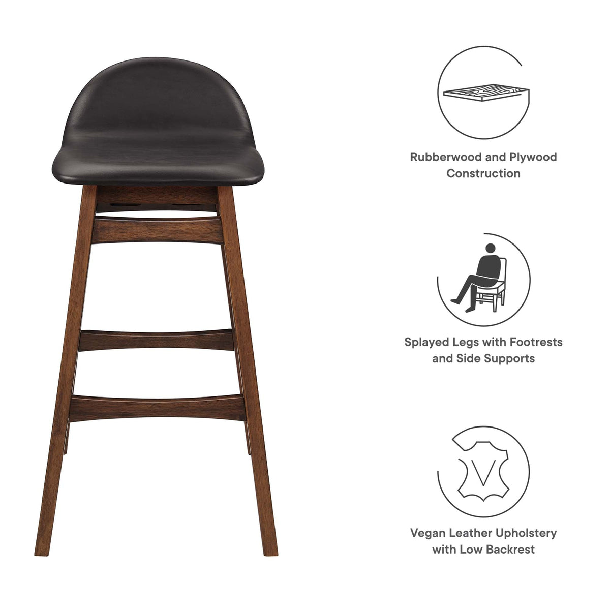 Juno Wood Bar Stools set of 2 brown rubberwood with black vegan leather upholstery on Tampa Home & Garden Store