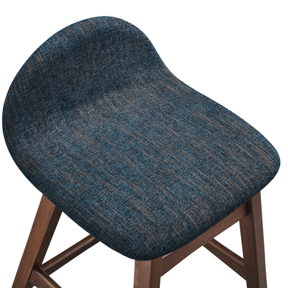 Juno Wood Counter Stool set of 2 with navy fabric seats and warm brown wood legs on Tampa Home & Garden Store