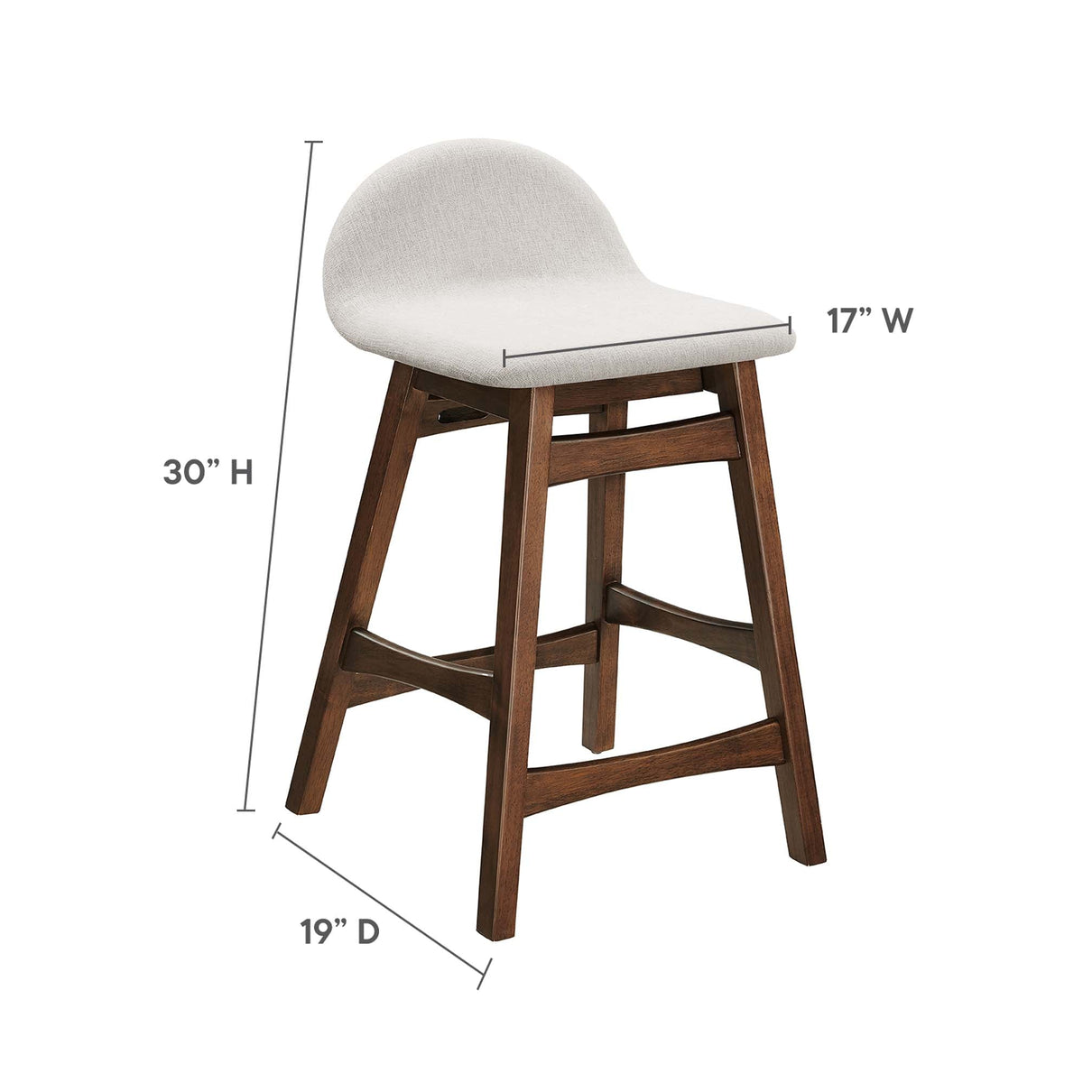 Juno Wood Counter Stool Set of 2 by Modway, ivory fabric, curved back, dark wood legs on Tampa Home & Garden Store