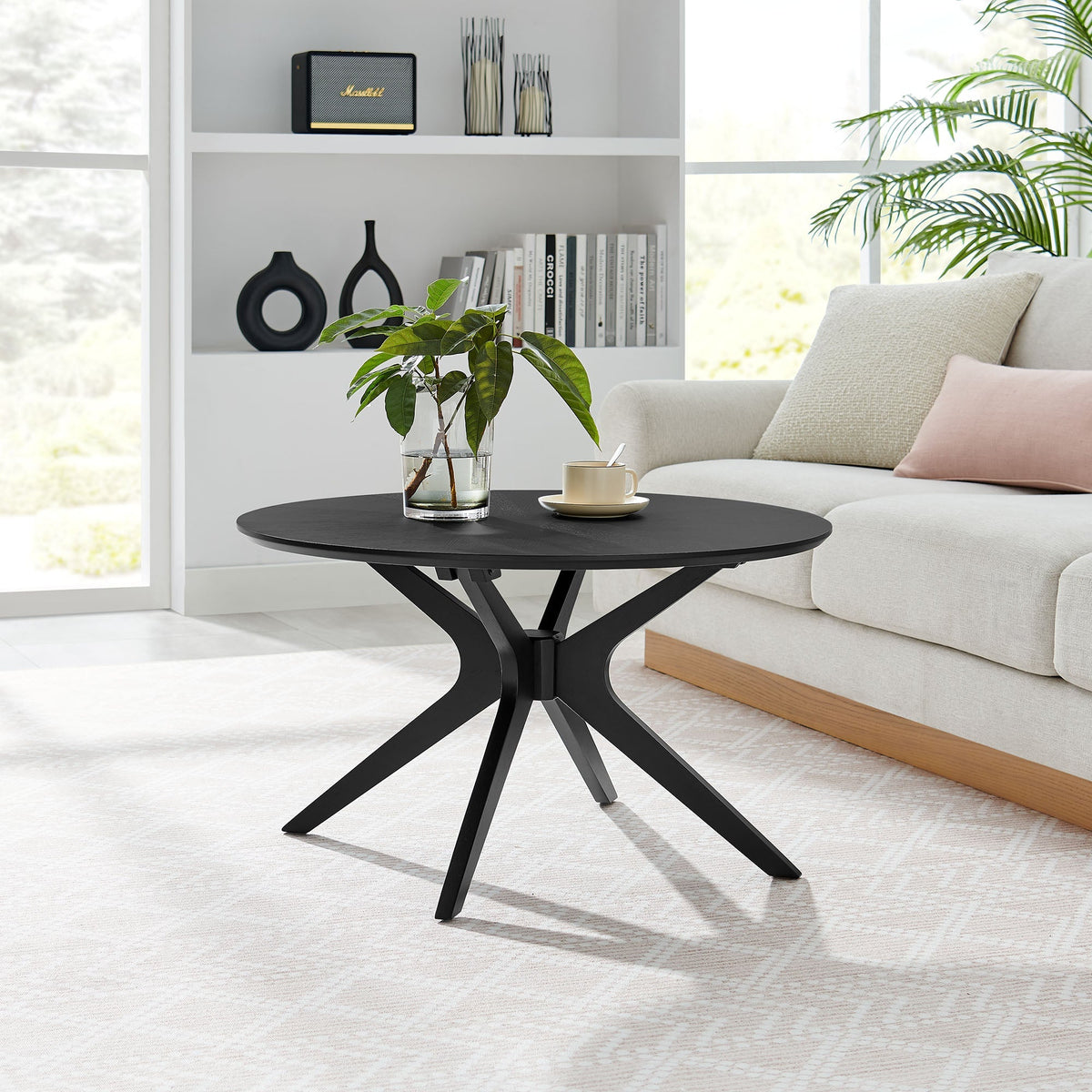 Crossroads Round Wood Coffee Table by Modway, black wood-top with sculptural X-base on Tampa Home & Garden Store
