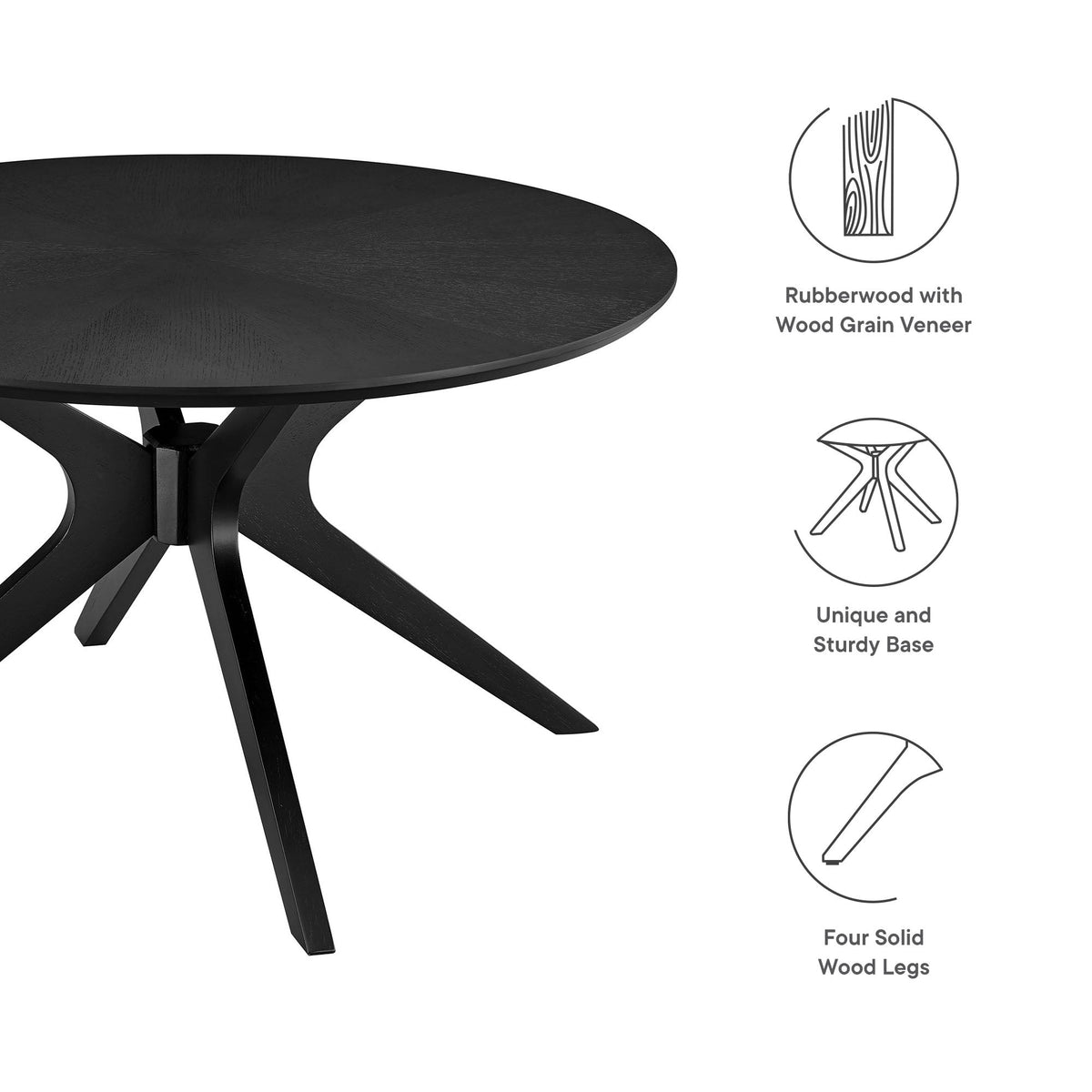 Crossroads Round Wood Coffee Table by Modway, black rubberwood with veneer, four legs on Tampa Home & Garden Store