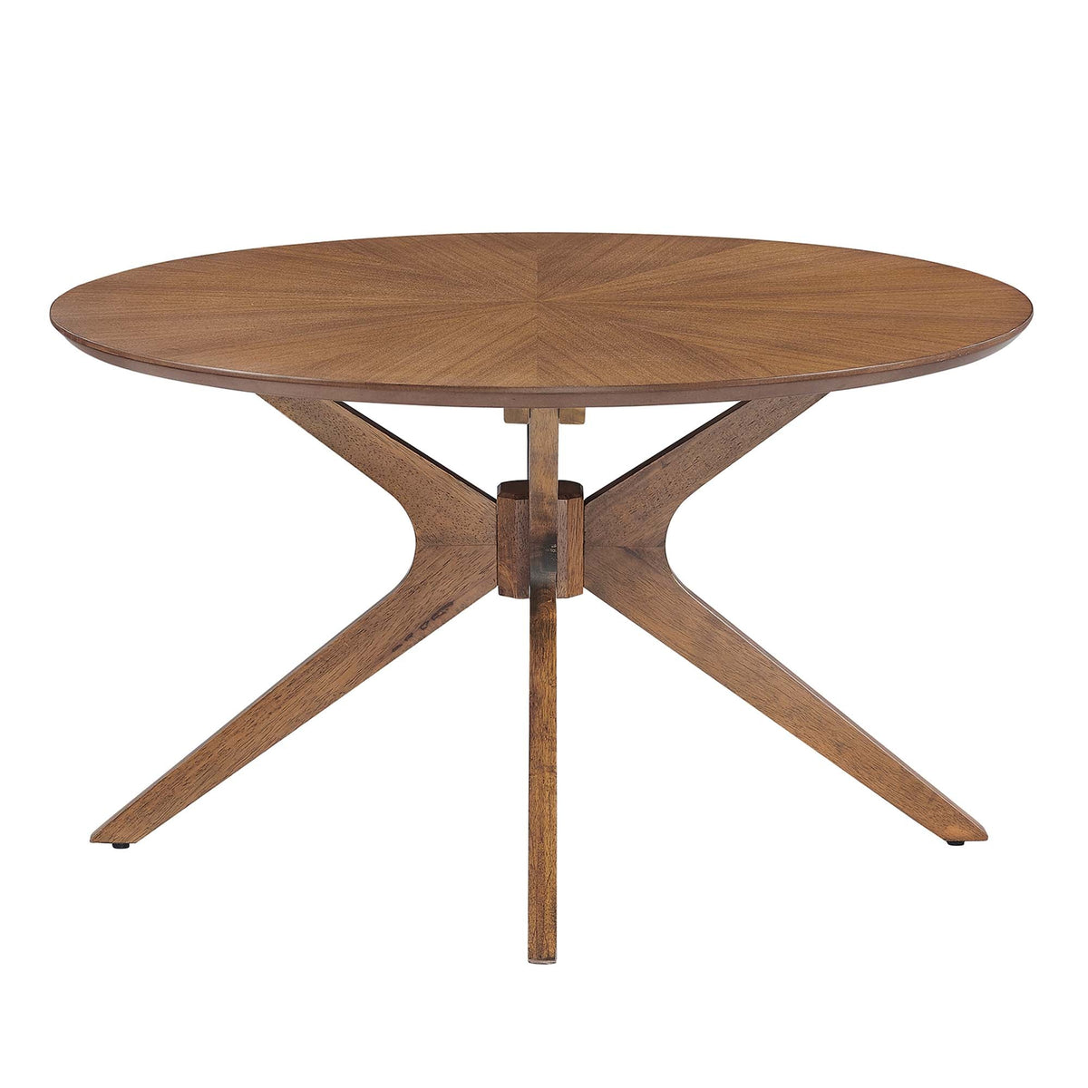Crossroads Round Wood Coffee Table with radial grain and X-base legs in brown finish on Tampa Home & Garden Store