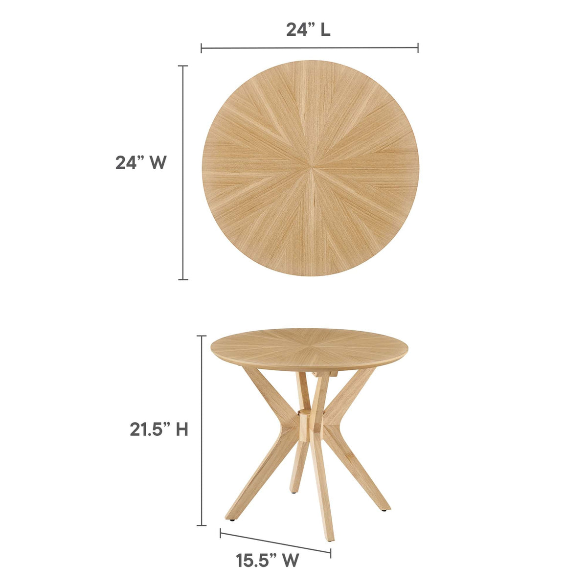 Crossroads 24-inch round wood side table by Modway with sunburst veneer top and crisscross legs on Tampa Home & Garden Store