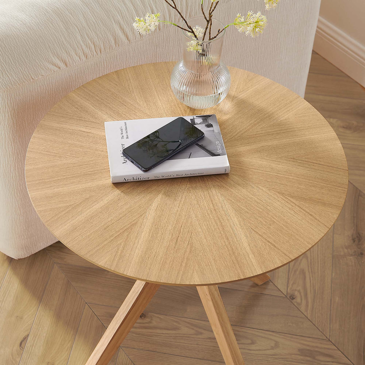Crossroads 24in Round Wood Side Table by Modway, oak with ribbed glass vase on Tampa Home & Garden Store