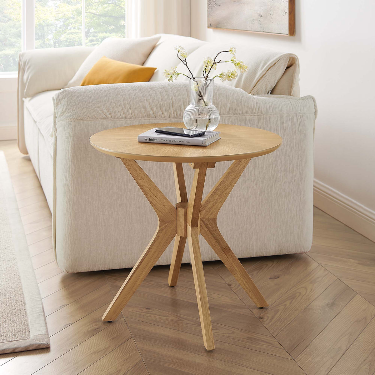 Crossroads 24-inch Round Wood Side Table by Modway, natural wood with geometric crisscross legs on Tampa Home & Garden Store